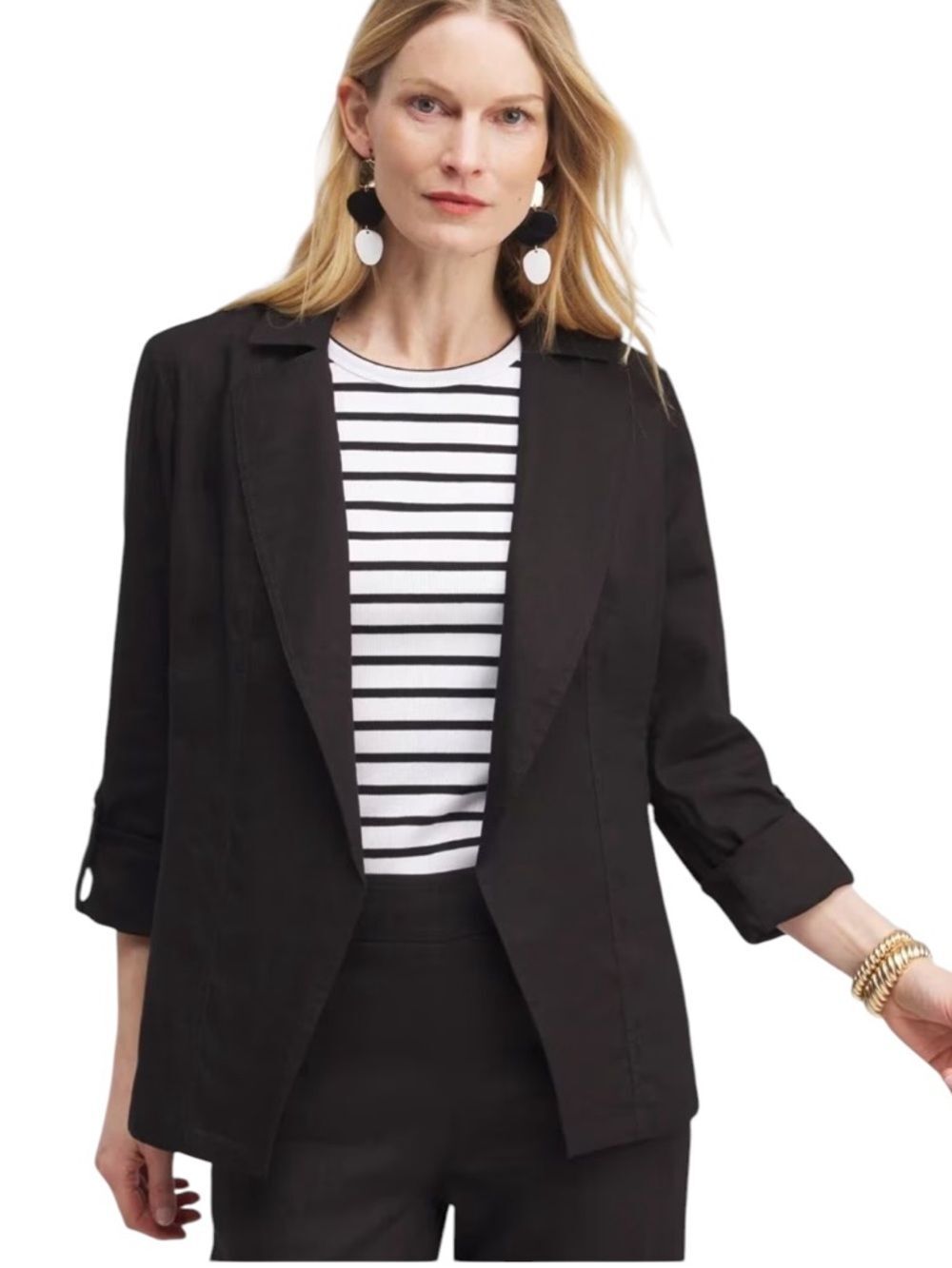 Chicos Black Linen Blend Stretch Blazer Open Front Womens Size 8 Medium
